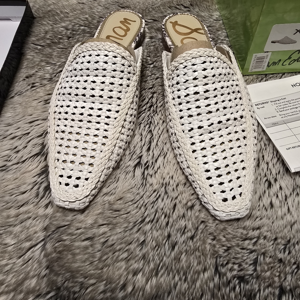 Sam Edelman White Woven Pointed Backless Mules